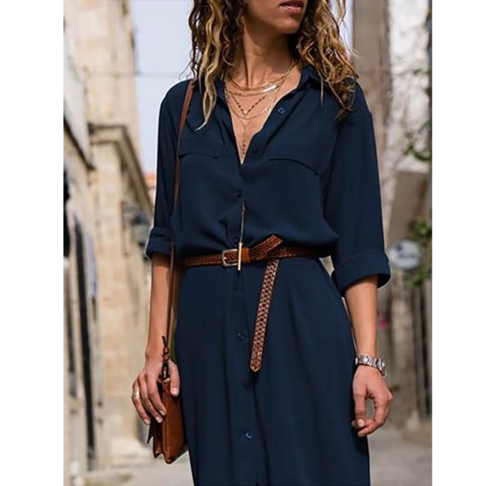 Navy Shawl Collar Shift Loose Fit Tunic Maxi Dress - Picture 2 of 3